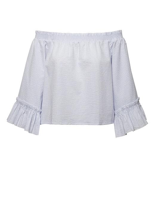 Banana Republic Womens Petite Seersucker Off-the-shoulder Full-sleeve Top Light Blue Size Xs