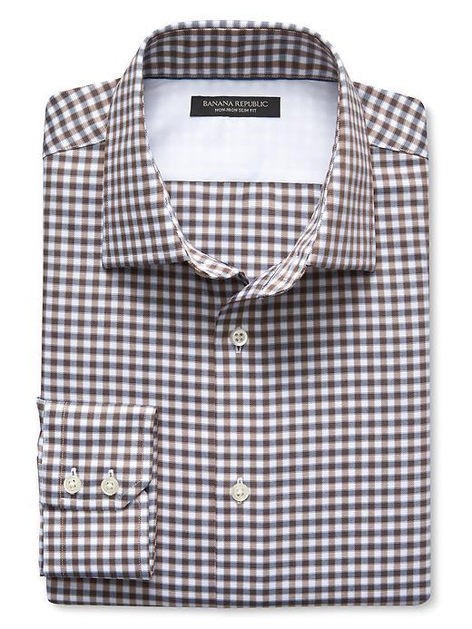 Banana Republic Mens Slim Fit Non Iron Twill Gingham Shirt Size L Tall - Brown