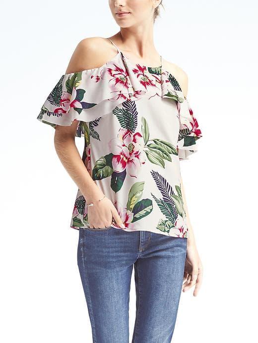 Banana Republic Womens Floral Easy Care Cold Shoulder Flutter Sleeve Top - White