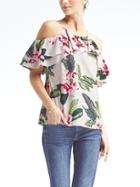 Banana Republic Womens Floral Easy Care Cold Shoulder Flutter Sleeve Top - White