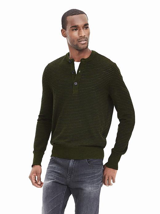 Banana Republic Mens Striped Extra Fine Merino Wool Henley Pullover Size L Tall - Bright Moss