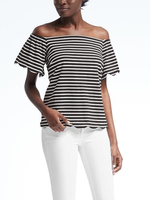 Banana Republic Stripe Off Shoulder Scallop Trim Top - Black