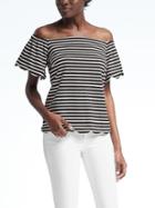 Banana Republic Stripe Off Shoulder Scallop Trim Top - Black