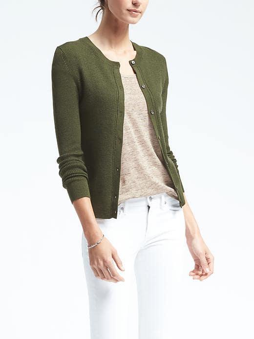 Banana Republic Womens Merino Ribbed Pointelle Cardigan - Olive