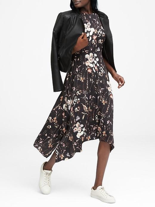 Banana Republic Womens Petite Floral Washable Stretch Silk Midi Dress Black Print Size 8