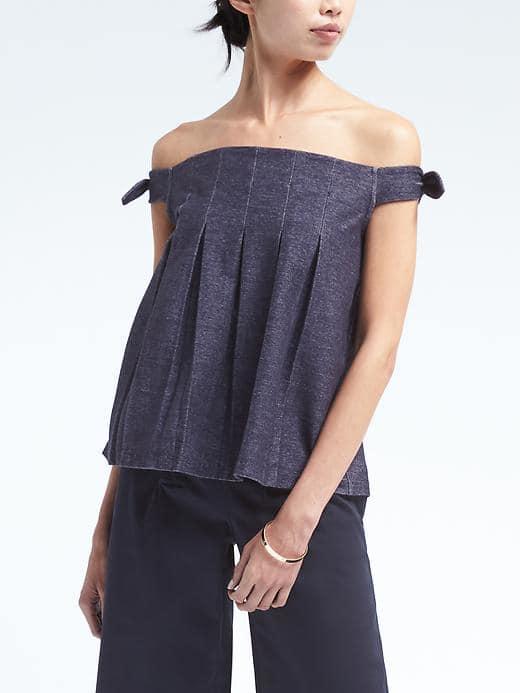 Banana Republic Womens Off The Shoulder Tie Sleeve Top - Chambray