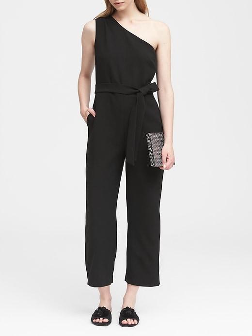 Banana Republic Womens Petite Cropped One-shoulder Jumpsuit Black Size 0