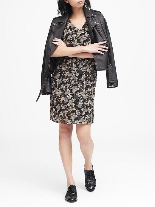 Banana Republic Womens Gold Leaf Print V-neck Shift Dress Gray With Gold Accents Size 6