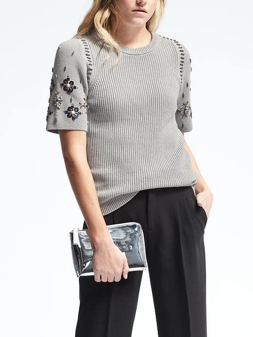 Banana Republic Womens Embellished Sleeve Top - Light Gray