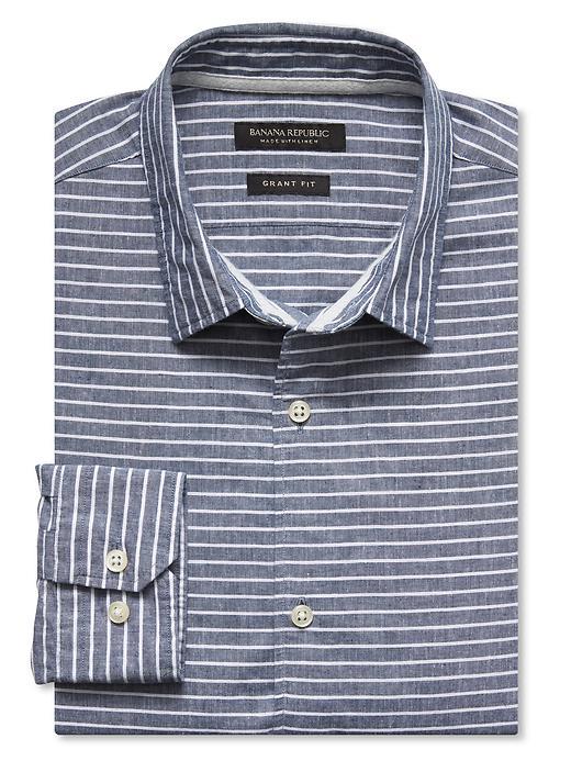 Banana Republic Mens Grant Fit Stripe Cotton Linen Shirt Size L Tall - Navy Heather
