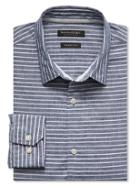 Banana Republic Mens Grant Fit Stripe Cotton Linen Shirt Size L Tall - Navy Heather