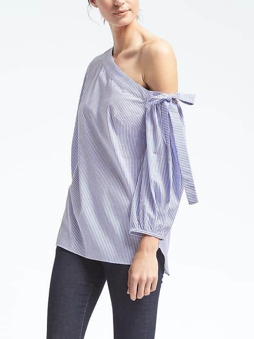 Banana Republic Womens Stripe Poplin One Shoulder Top - Blue Train