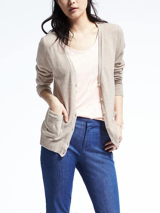 Banana Republic Womens Italian Cashmere Blend Rope Trim Cardigan - Oatmeal Heather