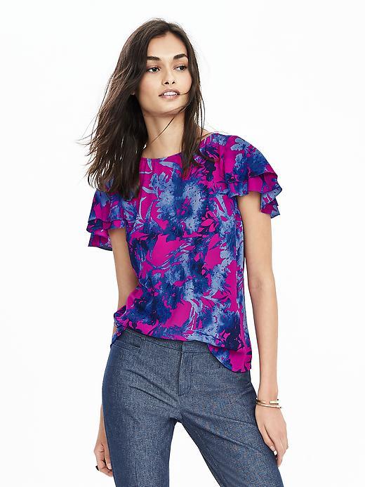 Banana Republic Flutter Sleeve Print Top Size L - Hot Pink