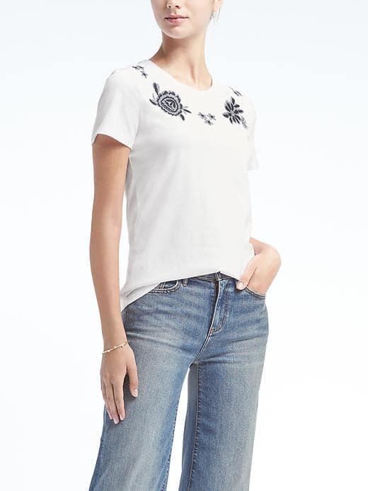 Banana Republic Womens Embellished Supima Cotton Crew Tee - White