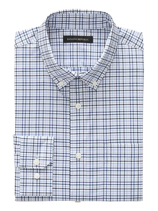 Banana Republic Mens New Slim-fit Tech-stretch Cotton Grid Shirt Comet Blue Size Xxs