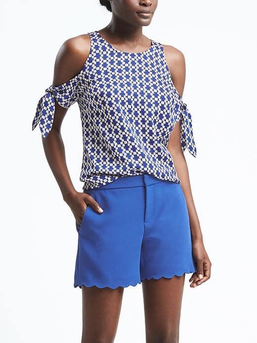 Banana Republic Womens Easy Care Tie Shoulder Print Top - Blue