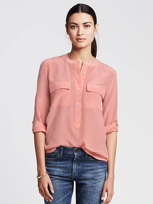Banana Republic Dark Silk Popover Blouse - Peach Flower