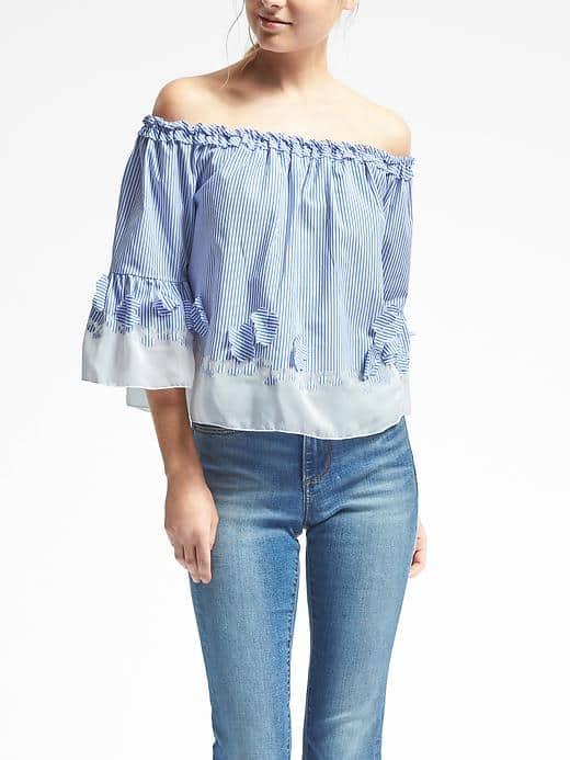 Banana Republic Womens Limited Edition Lasercut Stripe Off Shoulder Top - Blue Train