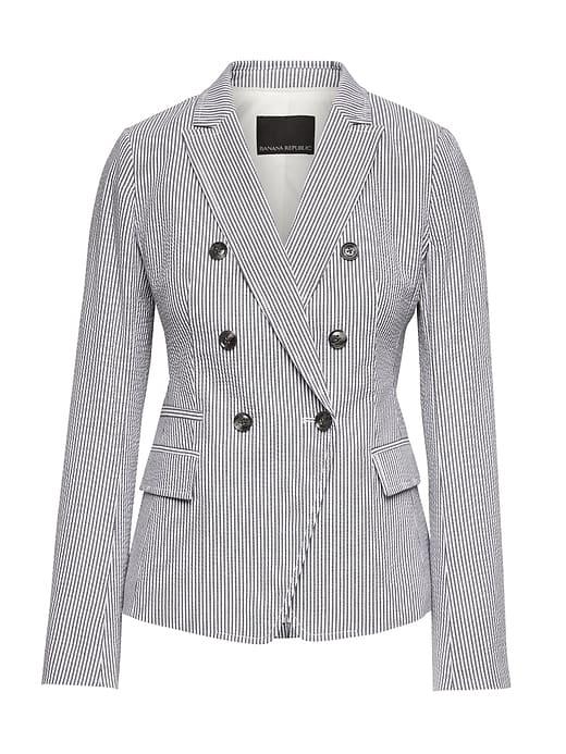 Banana Republic Womens Petite Double Breasted-fit Seersucker Blazer Charcoal-blue Stripe Size 6