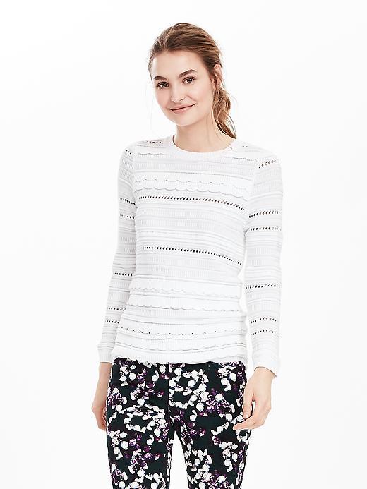 Banana Republic Womens Scallop Stripe Pullover Sweater Size L - White