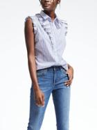 Banana Republic Womens Riley Fit Stripe Sleeveless Ruffle Shirt - French Blue