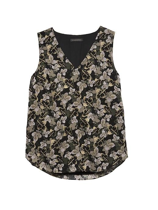 Banana Republic Womens Gold Leaf Print V-neck Top Gray With Gold Accents Size Xl