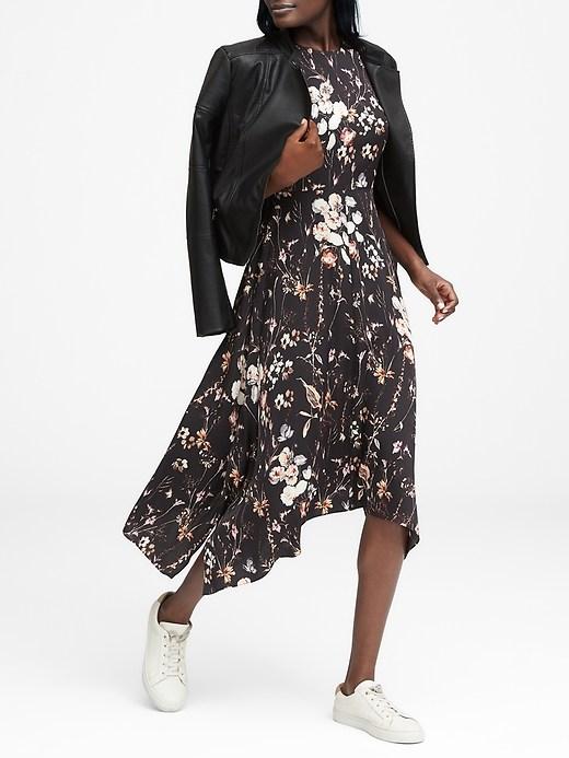 Banana Republic Womens Floral Washable Stretch Silk Midi Dress Black Floral Size 18