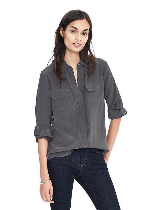 Banana Republic Heritage Long Sleeve Embroidered Silk Blouse - Mink Grey