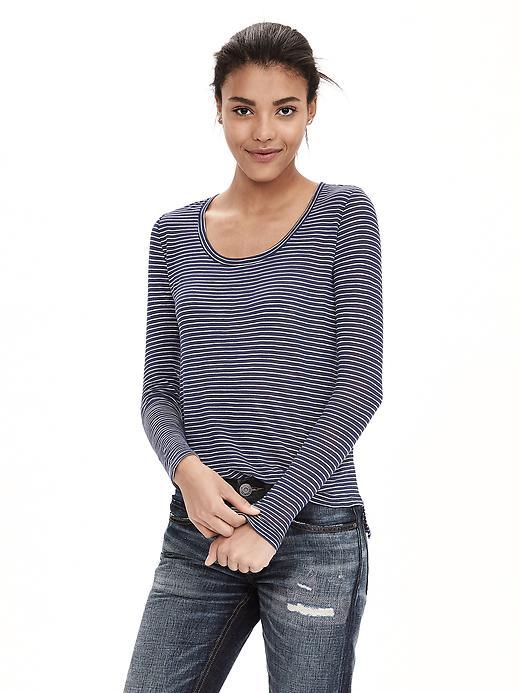 Banana Republic Womens Stripe Slubbed Scoop Neck Tee Size L - Preppy Navy
