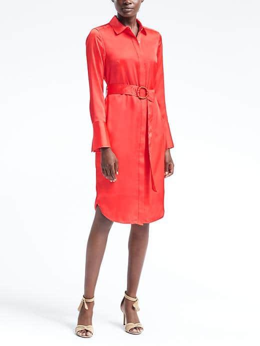 Banana Republic Womens Tie Waist Shirtdress - Bright Coral