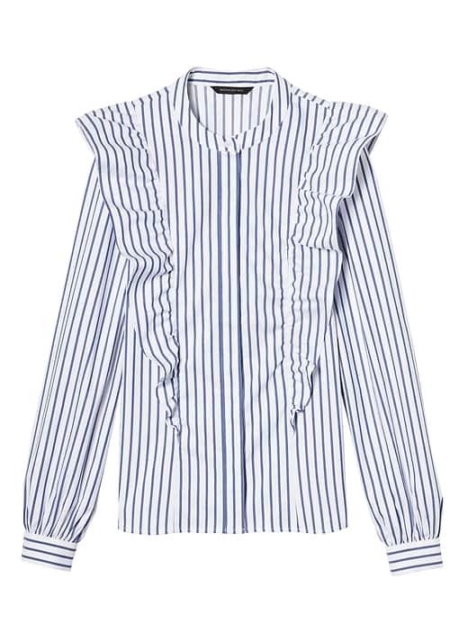 Banana Republic Womens Petite Riley Tailored-fit Stripe Ruffle-front Shirt Blue Dusk Size 14