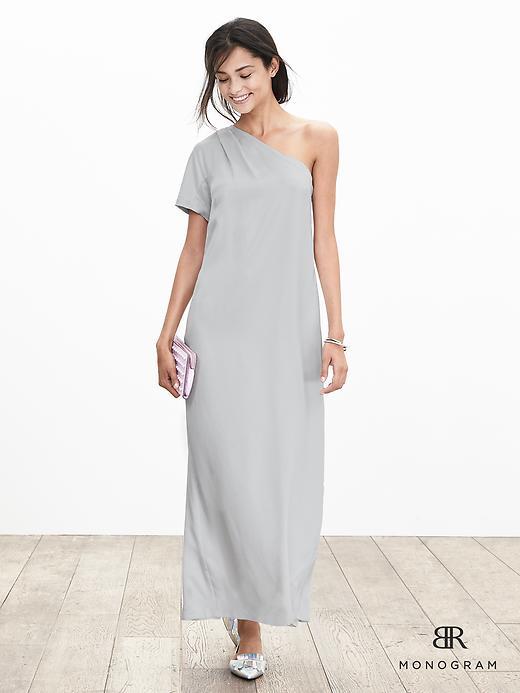 Banana Republic Womens Monogram Silk One Shoulder Dress Size 0 - Silver Screen