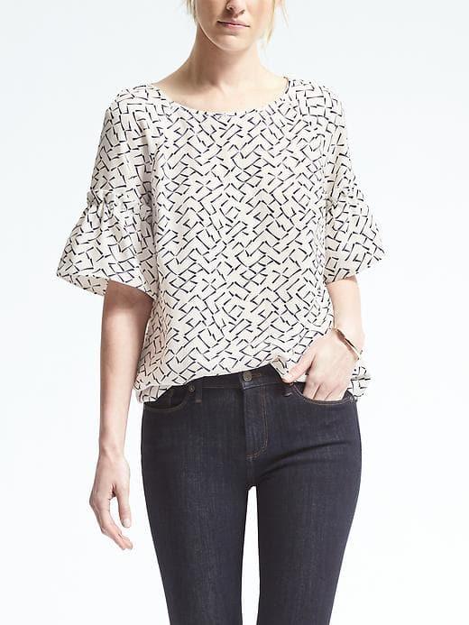 Banana Republic Womens Easy Care Print Flutter Sleeve Top - White
