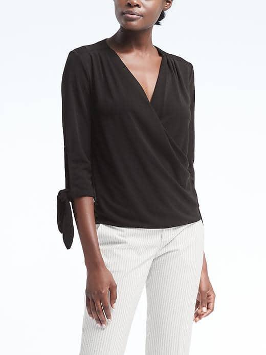 Banana Republic Womens Tie Sleeve Wrap Effect Top - Black