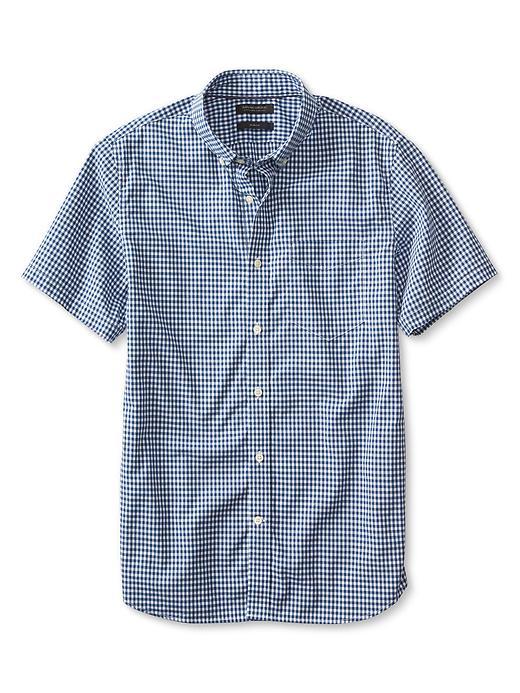 Banana Republic Mens Slim Fit Custom 078 Wash Micro Gingham Short Sleeve Shirt Size L Tall - Marina Blue