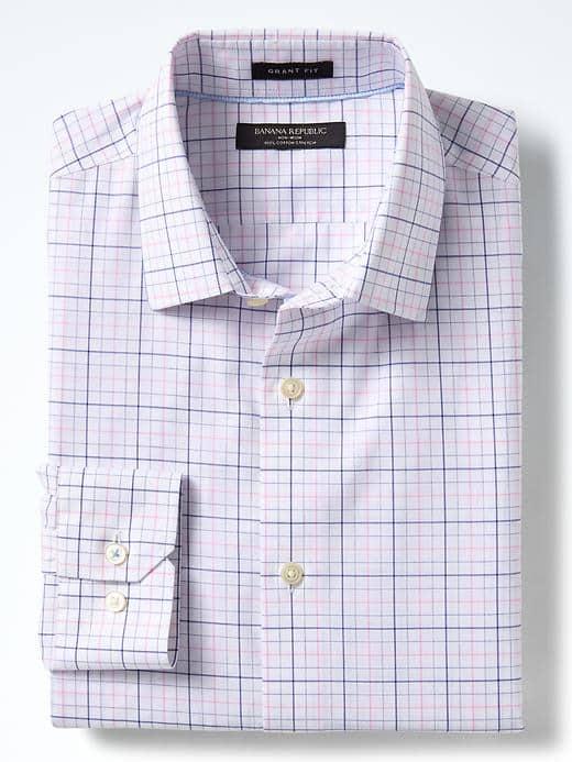 Banana Republic Mens Grant Fit Non Iron Stretch Grid Shirt - Pink