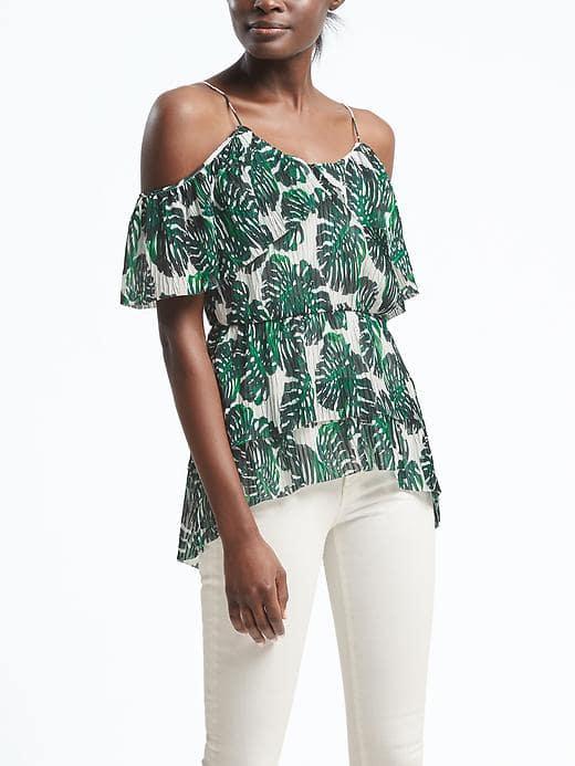 Banana Republic Womens Print Cold Shoulder Flounce Top - Botanical Green