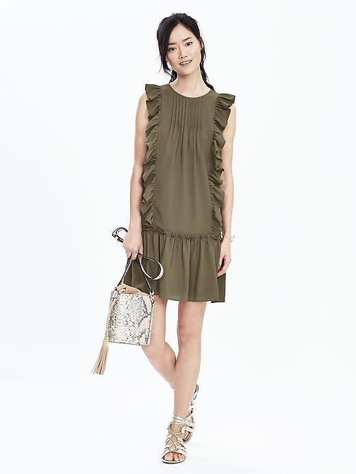 Banana Republic Womens Ruffle Flounce Dress Size L Petite - Tigers Eye Green