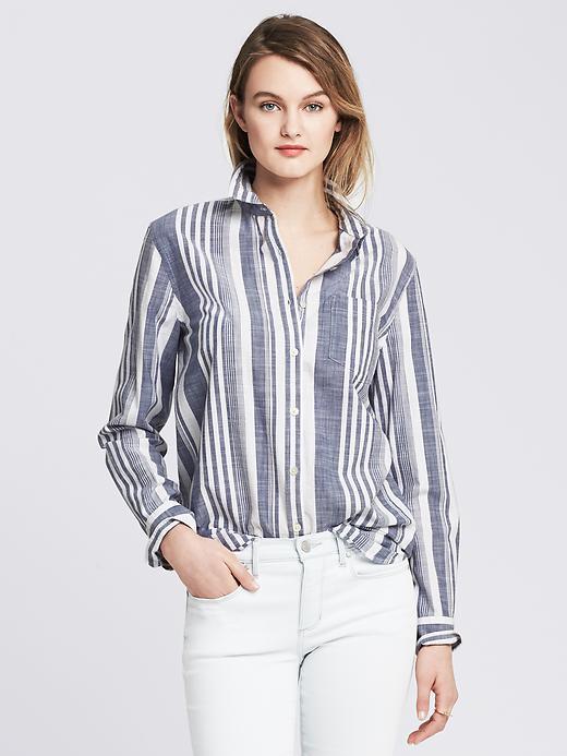 Banana Republic Soft Wash Multi Stripe Boyfriend Shirt Size L Petite - White