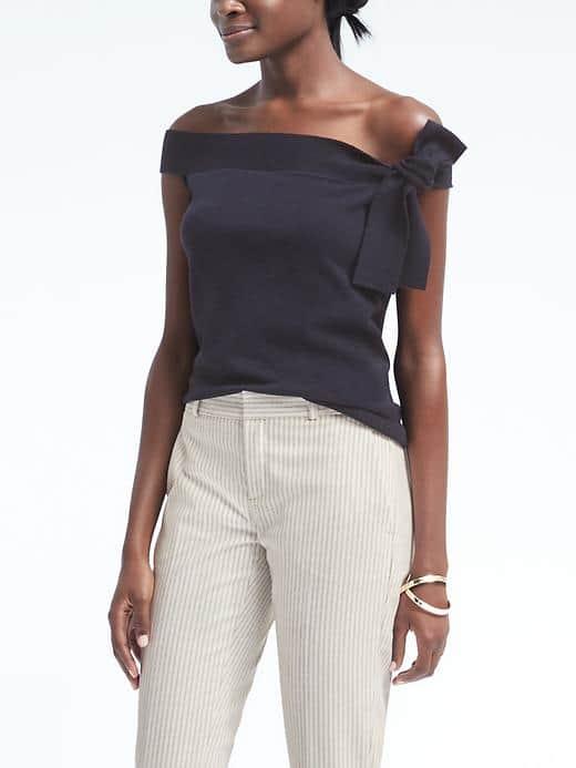 Banana Republic Womens Merino Off The Shoulder Bow Top - Navy