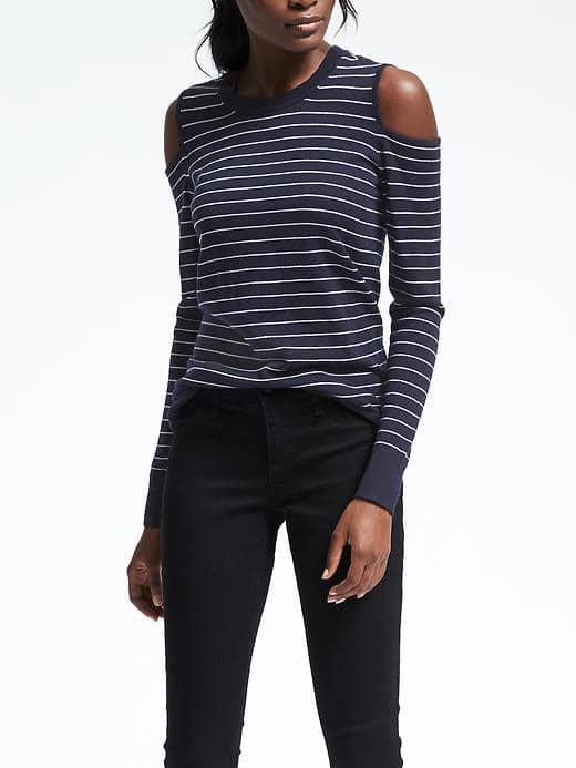 Banana Republic Womens Merino Stripe Shoulder Cut Out Pullover - Navy