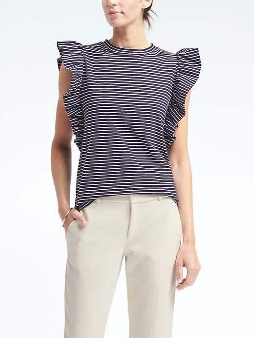 Banana Republic Womens Frill Shoulder Top - Blue Stripe