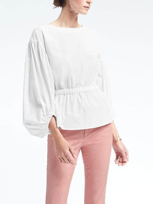 Banana Republic Womens Cinched Waist Bishop Sleeve Top - White
