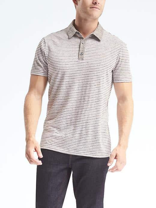 Banana Republic Mens Stripe Linen Stretch Polo - Gray Sky
