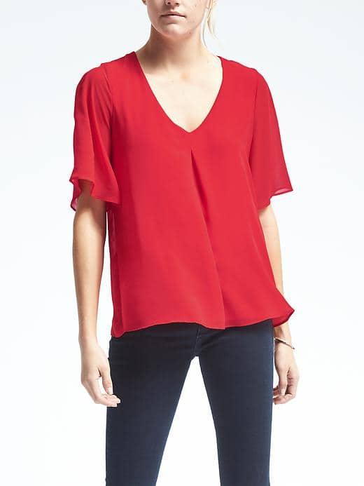 Banana Republic Womens Short Sleeve Pleated Neckline Blouse - Red