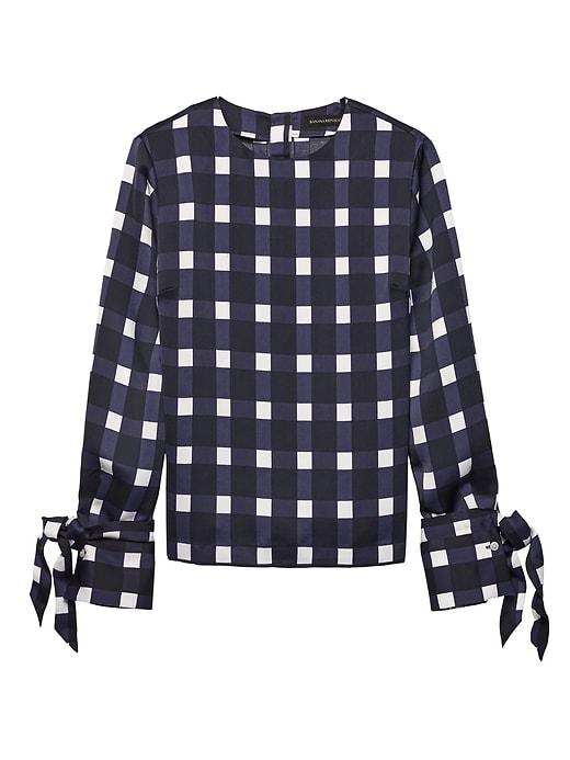 Banana Republic Womens Gingham Vented Tie-cuff Top Navy Size S