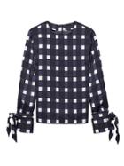 Banana Republic Womens Gingham Vented Tie-cuff Top Navy Size S