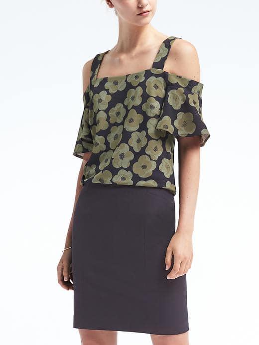 Banana Republic Womens Floral Off The Shoulder Top With Button Back - Olive