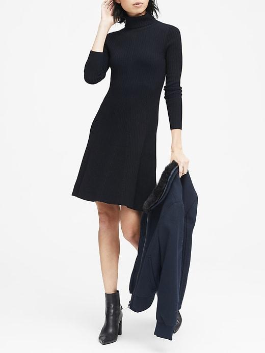 Banana Republic Womens Two-tone Ribbed Cotton-blend Turtleneck Sweater Dress Black & Navy Blue Size M